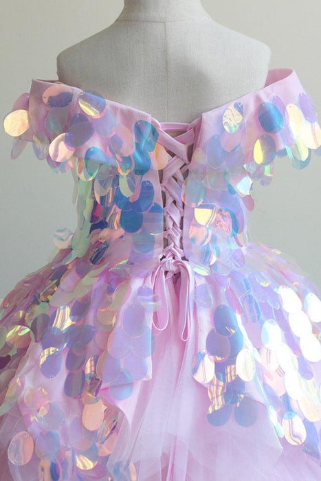 Pink Off-the-shoulder Sequined Asymmetrical Dress - Flower Girl Dresses
