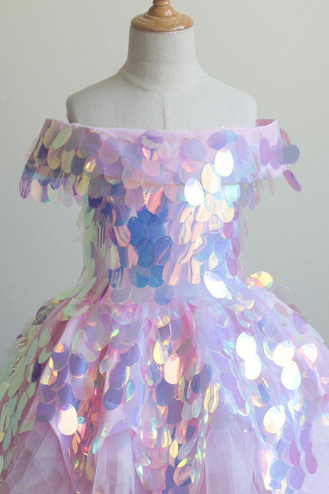 Pink Off-the-shoulder Sequined Asymmetrical Dress - Flower Girl Dresses