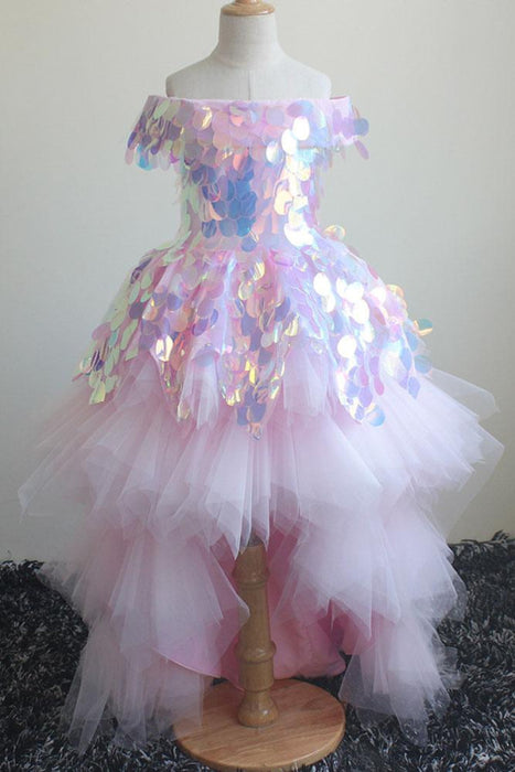 Pink Off-the-shoulder Sequined Asymmetrical Dress - Flower Girl Dresses