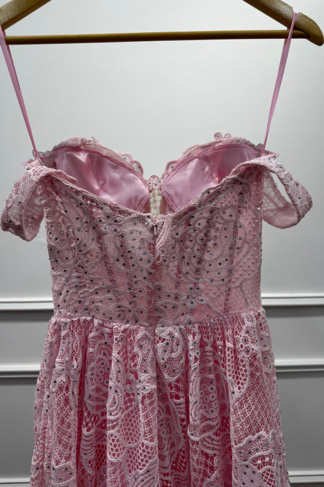 Pink Off the shoulder Sleeveless Lace A-Line Prom Dress - Prom Dresses