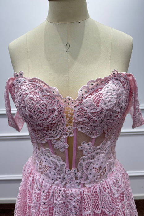 Pink Off the shoulder Sleeveless Lace A-Line Prom Dress - Prom Dresses