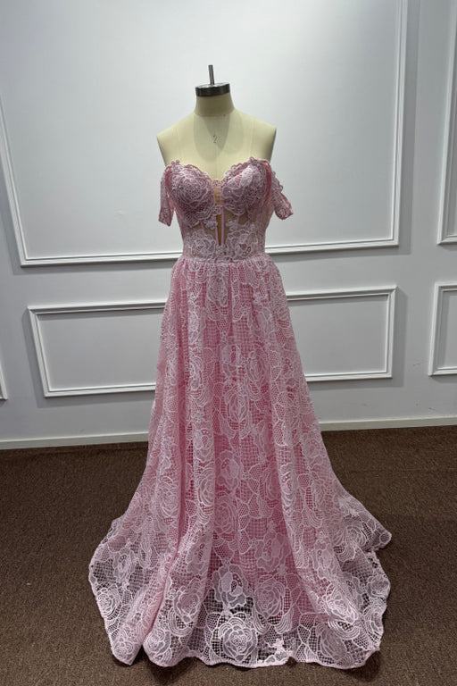 Pink Off the shoulder Sleeveless Lace A-Line Prom Dress — Bridelily