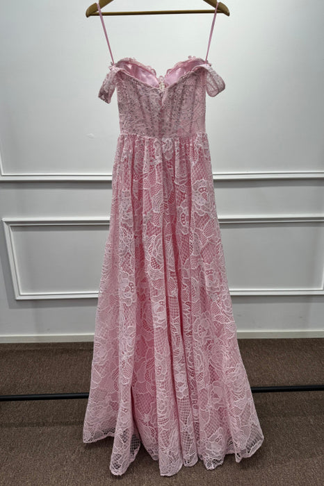 Pink Off the shoulder Sleeveless Lace A-Line Prom Dress - Prom Dresses