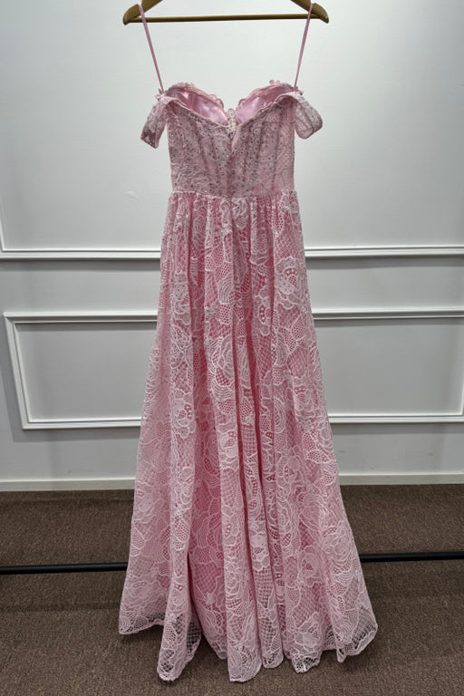 Pink Off the shoulder Sleeveless Lace A-Line Prom Dress — Bridelily