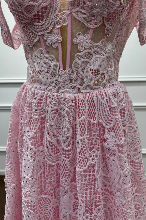 Pink Off the shoulder Sleeveless Lace A-Line Prom Dress - Prom Dresses