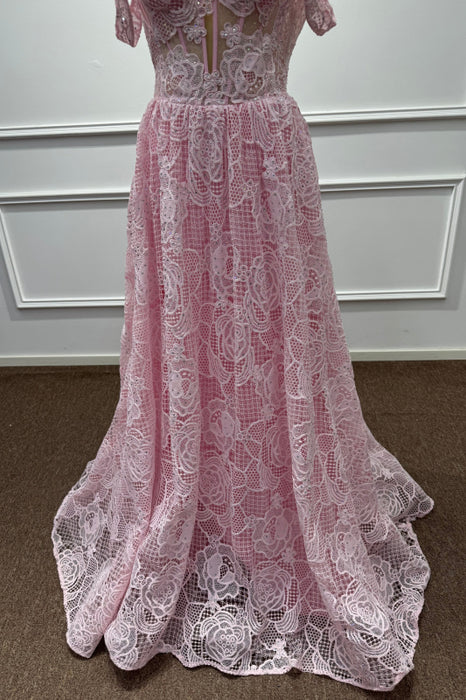Pink Off the shoulder Sleeveless Lace A-Line Prom Dress - Prom Dresses