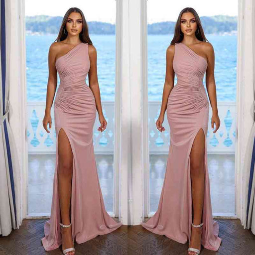 Pink One-Shoulder Prom Dress with Pleated Split