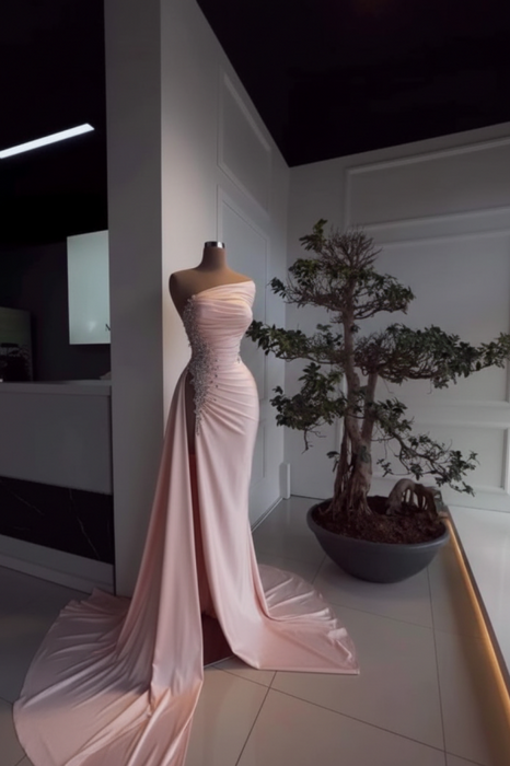 Blush Pink Pearl Strapless Prom Dress with Long Slit