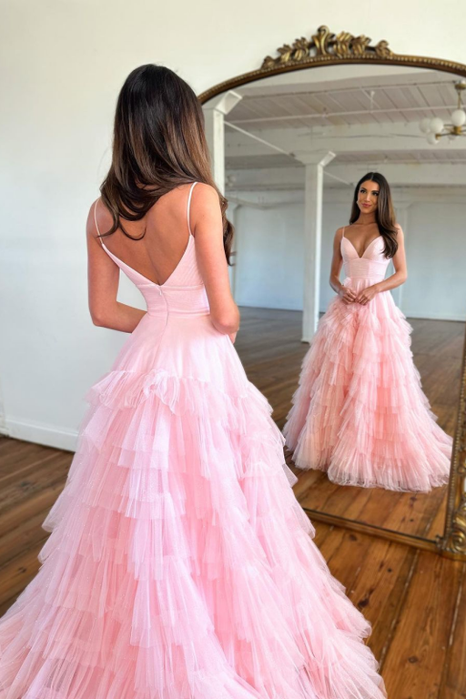 Pink Prom Dress with Mermaid Silhouette Sleeveless Spaghetti Straps and Tulle Fabric
