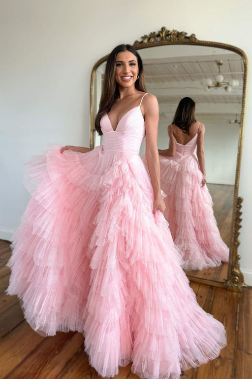 Pink Prom Dress with Mermaid Silhouette Sleeveless Spaghetti Straps and Tulle Fabric