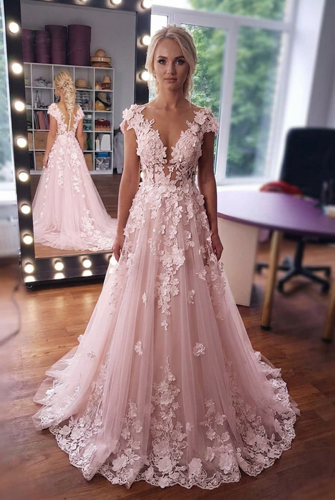 Pink Romantic Sleeveless Aline Wedding Dress 3D Floral Lace Tulle Bridal Dress