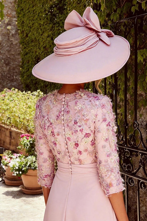 Floral Round Neck Satin Midi Mother Of The Bride Dress with Sleeves