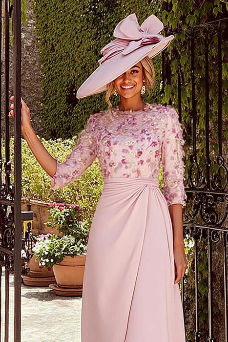 Floral Round Neck Satin Midi Mother Of The Bride Dress with Sleeves