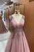 Pink Sleeveless Prom Dress V-Neck Tulle Long With Appliques