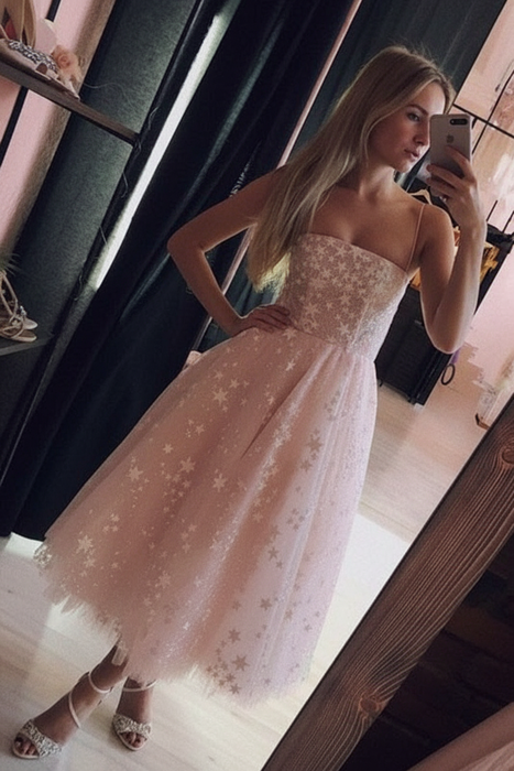 Pink Spaghetti Strap Tea Length Tulle Homecoming Dress Midi Prom Dresses - Prom Dresses