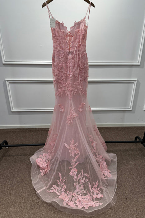Pink Spaghetti Straps Lace Mermaid Prom Dress with Appliques - Prom Dresses