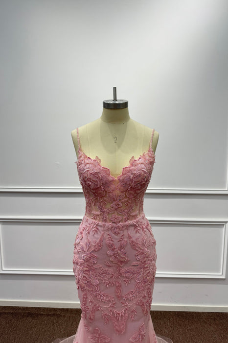 Pink Spaghetti Straps Lace Mermaid Prom Dress with Appliques - Prom Dresses