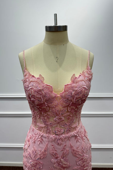 Pink Spaghetti Straps Lace Mermaid Prom Dress with Appliques - Prom Dresses