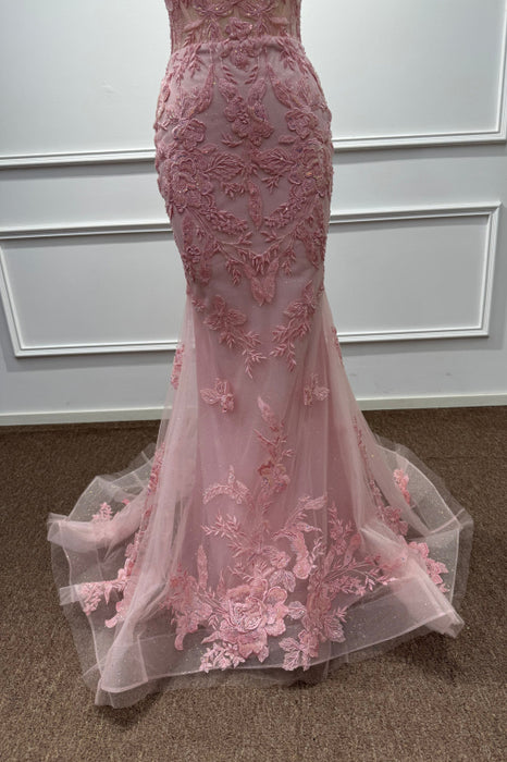 Pink Spaghetti Straps Lace Mermaid Prom Dress with Appliques - Prom Dresses