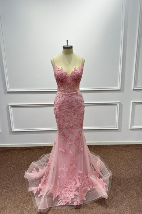 Pink Spaghetti Straps Lace Mermaid Prom Dress with Appliques - Prom Dresses