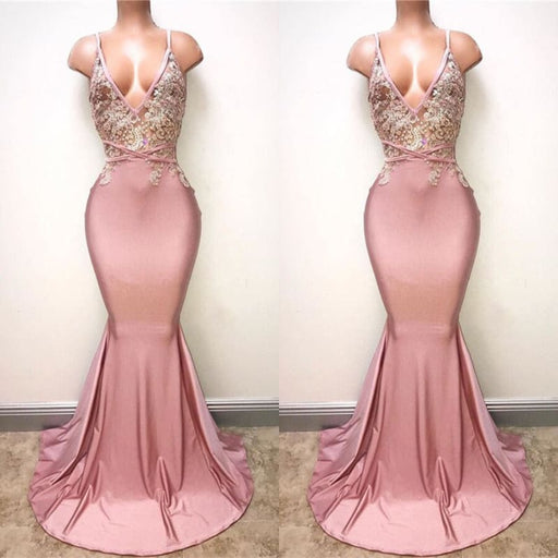 Pink Spaghetti-Straps Mermaid Long Prom Dress with Lace Appliques