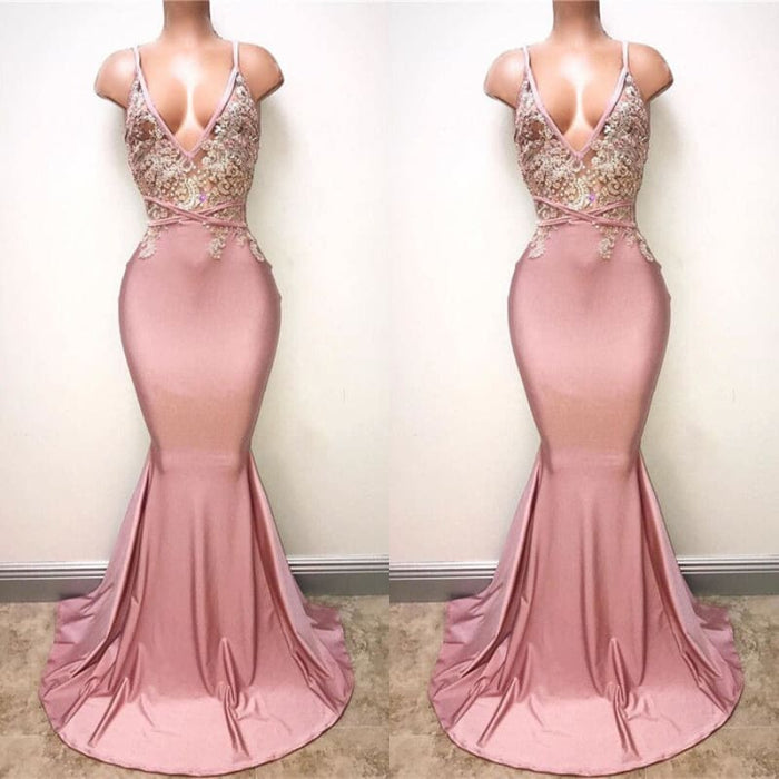 Pink Spaghetti-Straps Mermaid Long Prom Dress with Lace Appliques