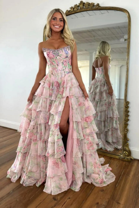 Strapless Floral Tulle Aline Evening Dress Front Split Corset Prom Dress