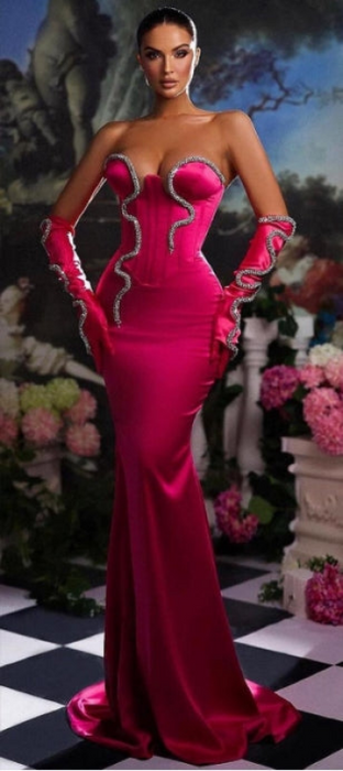 Pink Strapless Mermaid Prom Dress Long with Gloves