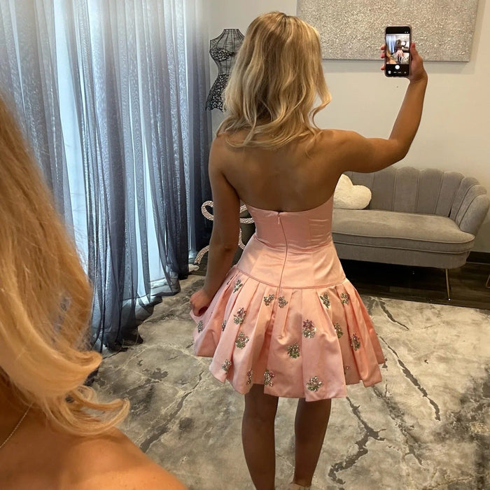 Pink Strapless Satin Mini Dress with Crystal Floral Embellishments
