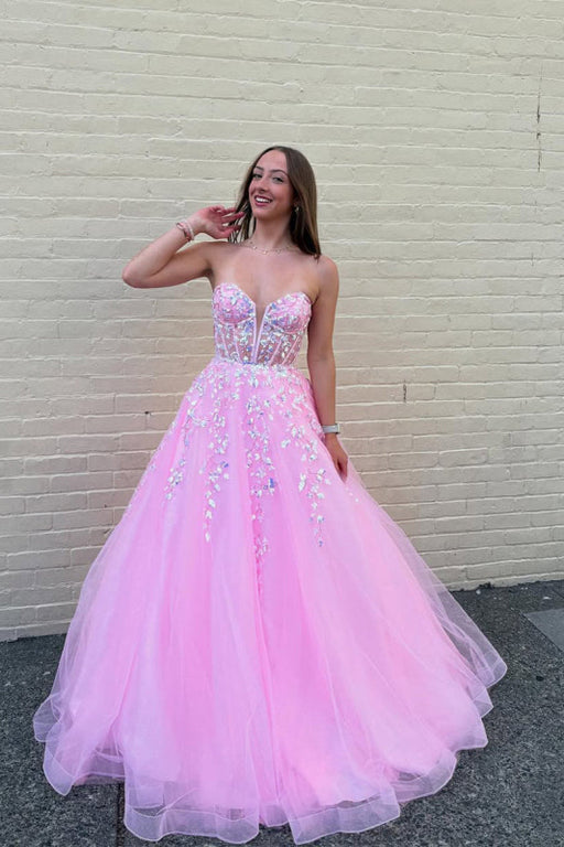 Pink Strapless Sequin A-Line Long Prom Dress with Appliques