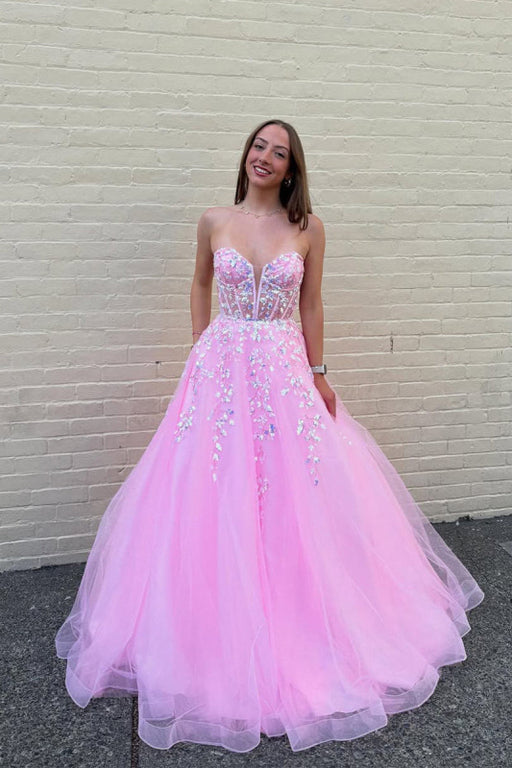 Pink Strapless Sequin A-Line Long Prom Dress with Appliques
