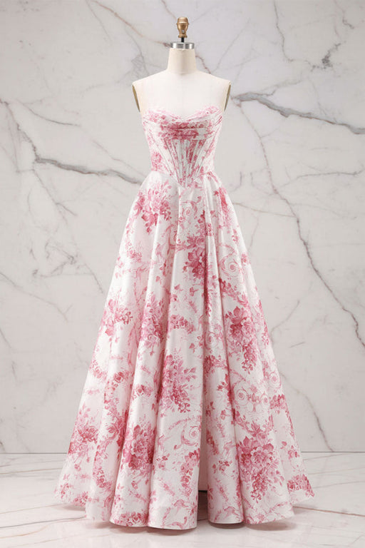 Pink Strapless Toile Print Corset Prom Dress - A-Line Prom Dress