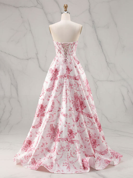 Pink Strapless Toile Print Corset Prom Dress - A-Line Prom Dress