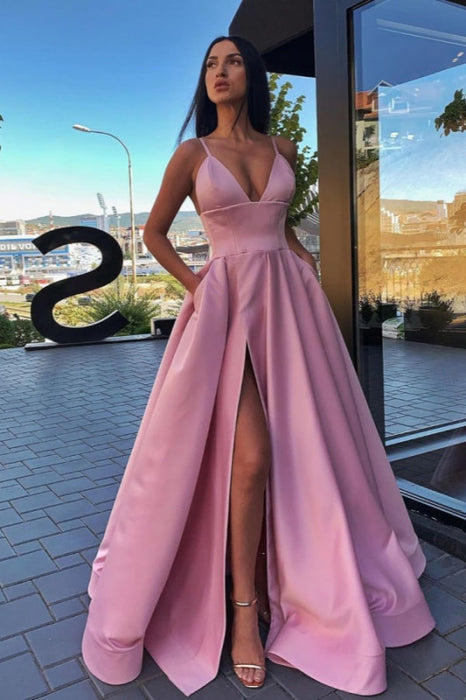 pink sweetheart dress Pink Satin A-Line Prom Dress Sweetheart with High Split