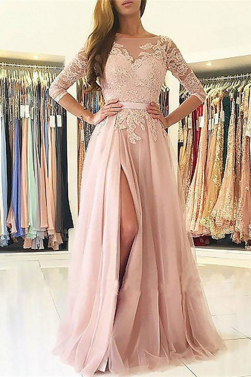 Pink Three Quarter Sleeves Prom Dress With Split