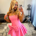 Pink Strapless Mini Homecoming Dress with Bow & Beaded Neckline