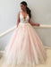 Pink V Neck Backless Lace Appliques Tulle Long Prom Dresses, V Neck Pink Lace Ball Gown, Pink Formal Dresses, Pink Lace Evening Dresses