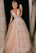 Pink V Neck Backless Lace Appliques Tulle Long Prom Dresses, V Neck Pink Lace Ball Gown, Pink Formal Dresses, Pink Lace Evening Dresses
