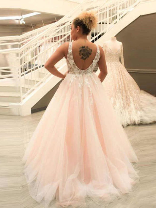 Pink V Neck Backless Lace Appliques Tulle Long Prom Dresses, V Neck Pink Lace Ball Gown, Pink Formal Dresses, Pink Lace Evening Dresses