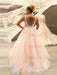 Pink V Neck Backless Lace Appliques Tulle Long Prom Dresses, V Neck Pink Lace Ball Gown, Pink Formal Dresses, Pink Lace Evening Dresses