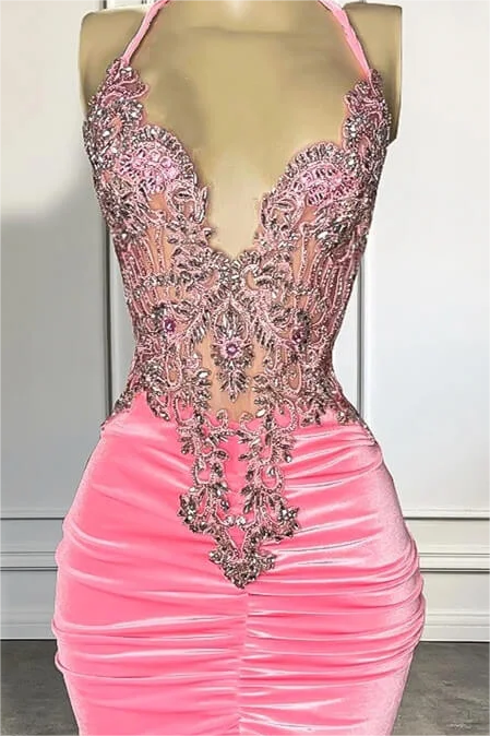 Halter Pleated Velvet Short Homecoming Dress Tight with Lace Appliques