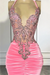 Halter Pleated Velvet Short Homecoming Dress Tight with Lace Appliques