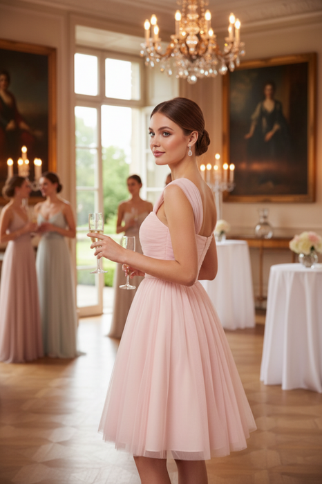 vintage graduation dresses Pink Vintage Tulle Homecoming Dress Knee Length Graduation Dress-Bridelily