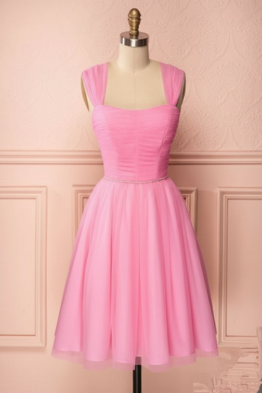 pink dresses for graduation Pink Vintage Tulle Homecoming Dress Knee Length Graduation Dress-Bridelily