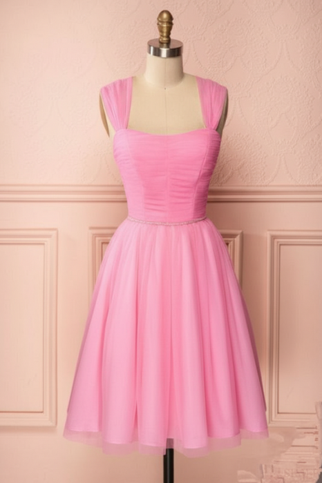 graduation knee length dresses Pink Vintage Tulle Homecoming Dress Knee Length Graduation Dress-Bridelily