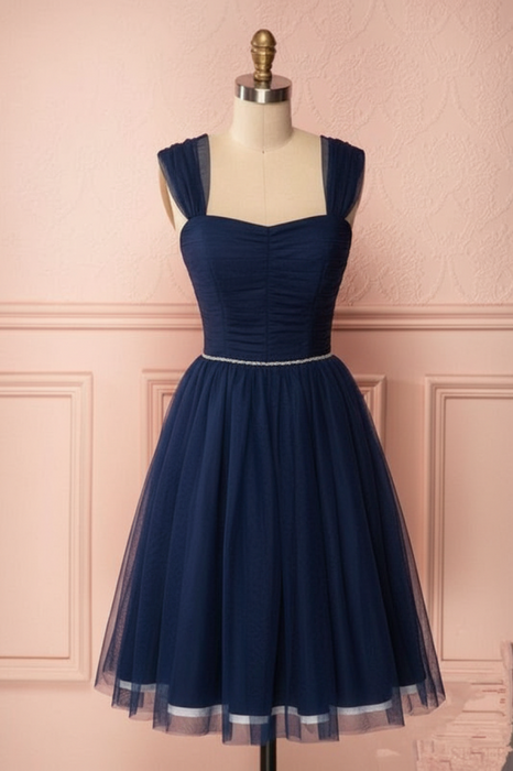 Vintage Tulle Knee Length Homecoming Dress Navy Straps Graduation Dresses - Prom Dresses