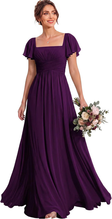 Bridelily Women's Flutter Sleeves Bridesmaid Dresses Square Neck Chiffon Maxi Dres - Plum