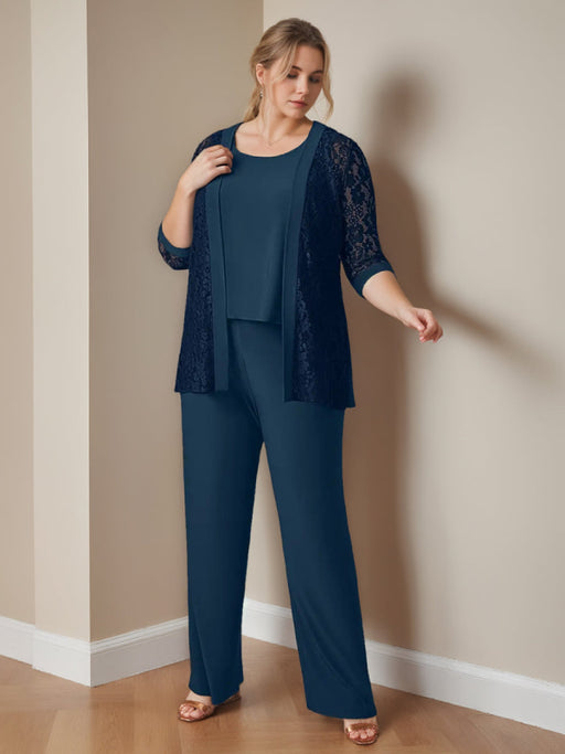 Plus Size 3-Piece Chiffon mother of the bride Pantsuit with Scoop Neck 3/4 Sleeves