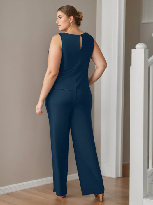 Plus Size 3-Piece Chiffon Mother of the Bride Pantsuit with Scoop Neck 3/4 Sleeves