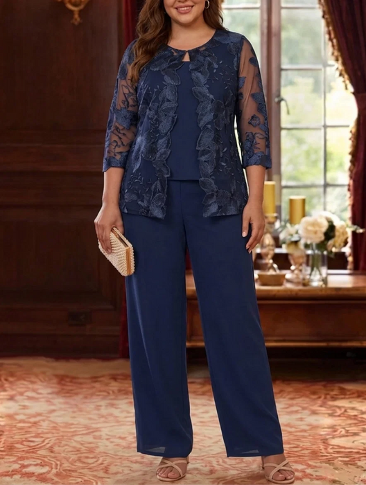 Plus Size 3 Pieces Chiffon Mother of the Bride Pantsuits with Lace Floral 3/4 Sleeves